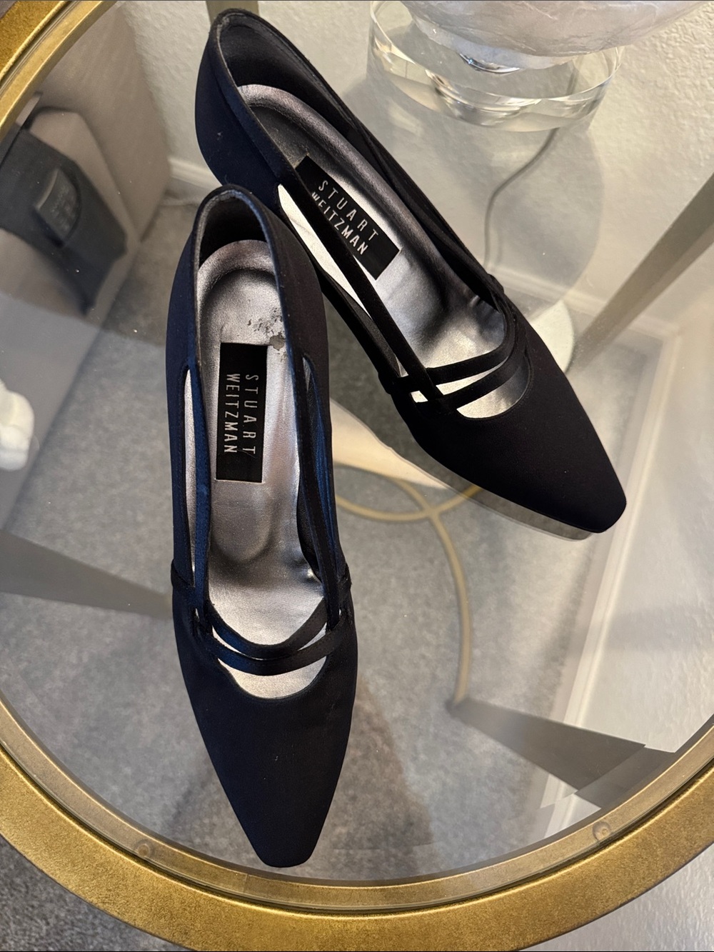 Stuart Weitzman Black Pointed-Toe Double Strap Pumps